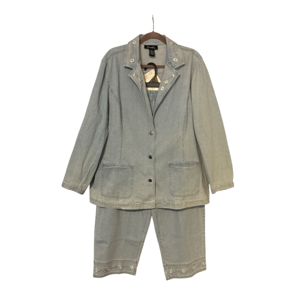 Denim & Co Stretch Denim Crop Pant W/3 Button Blazer Size 1X NEW